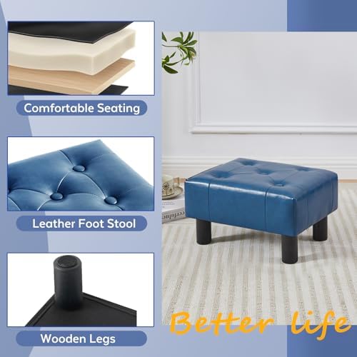 Small Foot Stool Ottoman, Faux Leather Footstool Ottoman Foot Rest for Couch, Rectangle Footstools and Ottomans Small for Living Room, Entryway and Bedroom (Blue) - Image 4