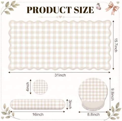 Beige Gingham Scalloped Desk Mat Set, Mouse Pad with Gel Wrist Rest,Ergonomic Keyboard Wrist Support for Women Non-Slip Desk Pad Home Office Decor - Image 6