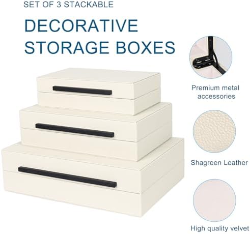 Beige Shagreen Decorative Box Set of 3 - Faux Leather Nesting Storage Boxes with Lids, Large Modern Jewelry Organizer, Stackable Home Decor Box for Bedroom, Bathroom & Office - Image 4