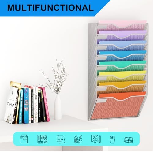 8 Pockets Mesh Hanging Wall File Holder Organizer Wall Mounted Paper Magazine Rack, Silver - Image 6