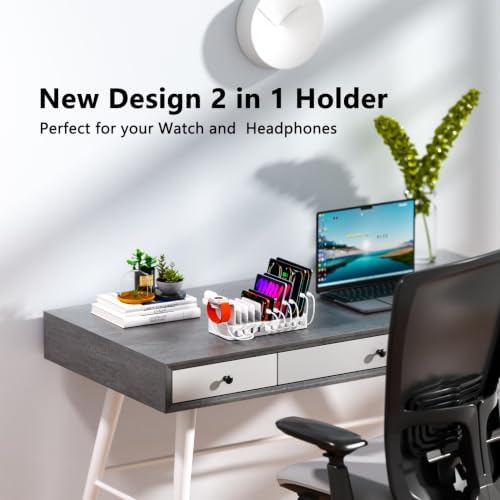 100W Charging Station for Multiple Devices, 10-Port USB Charging Dock Organizer with 10 Cables & Watch Stand, Adjustable Dividers Multi Charger Compatible with iPad/Tablet/iPhone/Android, White - Image 3