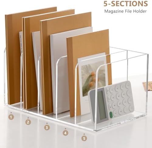 SANRUI Acrylic Magazine Holder Desk Organizer Workspace Sorters, Clear Bookend File Sorter Folder Rack For Home Office Accessories Organization Storage with 5 Vertical Compartments - Image 5