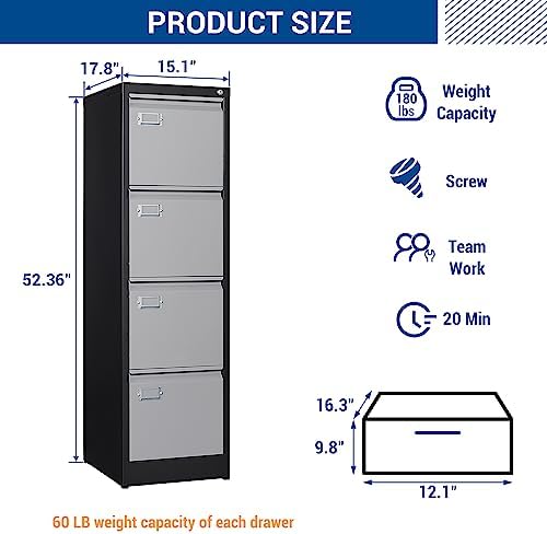 Fesbos File Cabinets - 4 Drawers Vertical 17.8" Deep Lockable Filing Cabinet - Black & Gray Metal Storage Cabinets for Home Office to Hanging Files Letter/Legal/F4/A4 Size - Image 3