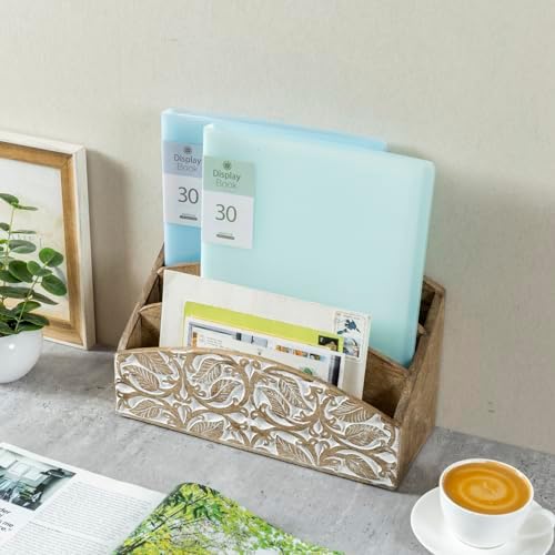MyGift 3 Tier Rustic Solid Mango Wood Desk Mail Holder and Stationery Sorter with Hand Carved Leaf Pattern, Decorative Office Desktop Document Storage Organizer - Handcrafted in India - Image 4