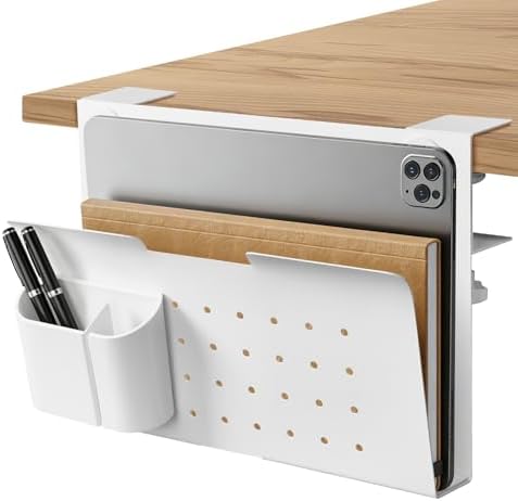 Under Desk Laptop Holder, No Drill Table Side Storage Organizer, White Clamp On Desktop Shelf Steel Table Hanging Mount File Tray, Desk Accessories & Workspace Organizers (White) by Cyrabota