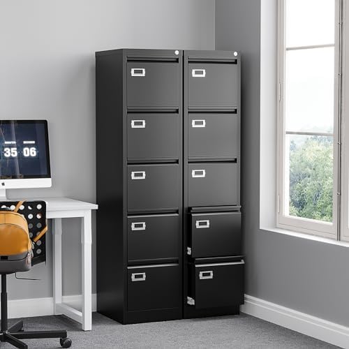 BYNSOE 5 Drawer File Cabinet with Lock Metal Vertical File Cabinet Office Home Vertical File Cabinet for A4 Legal/Letter Size Narrow File Cabinet Locked,Assembly Required - Image 2