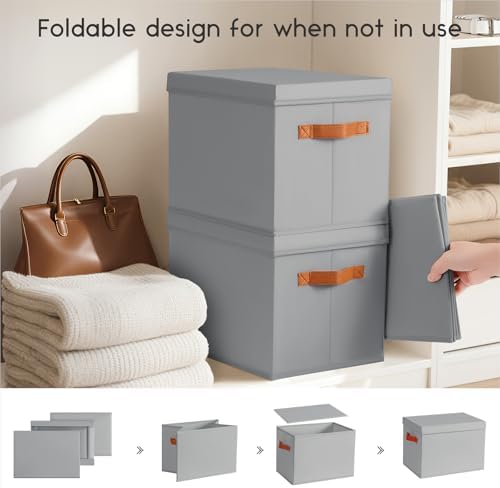 Homsorout Storage Bins with Lids - Fabric Storage Baskets for Shelves, 8 Pack Foldable Decorative Boxes with Handles, Stackable Organizer Bins for Home, Nursery, Dorm, Grey - Image 5