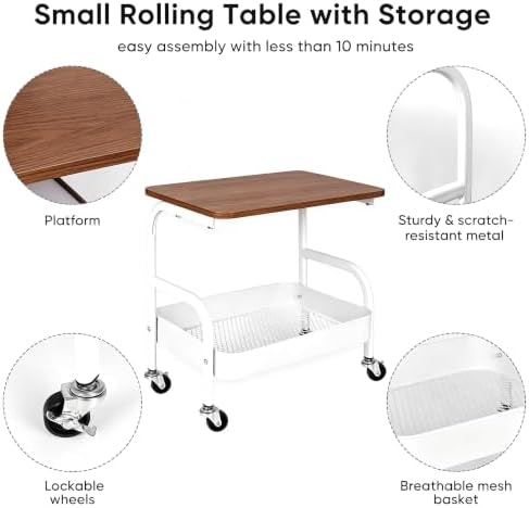 Under Desk Printer Stand with Storage 2 Tier Rolling Printer Cart with Wheels, Mobile Short Under Shelf Storage Small Rolling Table Cart for Home Office, White - Image 4