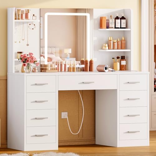 FIONESO Vanity Desk with Mirror and Lights, Makeup Vanity with 9 Drawers & Power Outlet, 5 Hooks & 6 Open Shelves, 3 Lighting Colors & Adjustable Brightness, White Vanity for Girls by FIONESO
