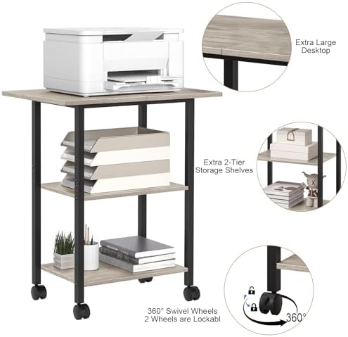 Lerliuo 3-Tier Printer Stand, Industrial Mobile Printer Table with Storage Shelf and Steel Frame, Rolling Printer Cart Holder with Lockable Wheels for Home, Office (Oak) - Image 7