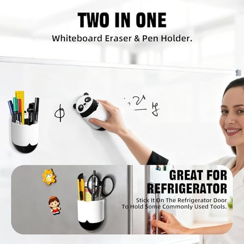Cute Panda Magnetic Pen Holder, Strong Magnet for Glass Whiteboard, Refrigerator & Locker - 4 Pack Marker Organizer, Dry Erase Marker Holder for School, Home & Office (Black/White) - Image 2