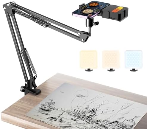 Overhead Phone Mount with Rechargeable Light for iPhone, Desk Tripod with Clamp for Content Creator Camera Recording, Top Down Holder Stand for Filming/Live/Cooking/Unboxing/Drawing/YouTube/TikTok by LenTok