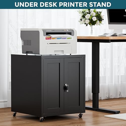 Large Printer Stand with Storage and Lock, 3D Heavy-Duty Printer Cabinet, Printer Table for Home Office with Doors and Adjustable Shelves, for Office Copier and Fax Machine, Black - Image 2