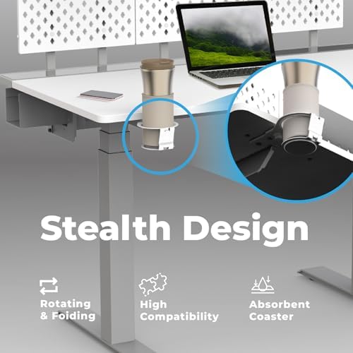 DEZCTOP Desk Cup Holder Under Table Rotation Anti-Spill Swivel Drink Holder Table Edge Cup Holder with Absorbent Cup Pad Water Bottle Stand for PC Gaming Office Desk Fit Most Beverage Cup Sizes, White - Image 2