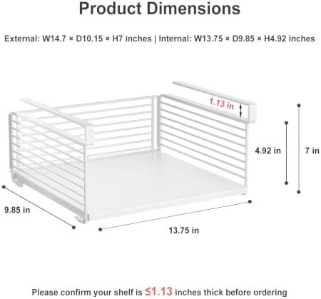 Under Shelf Storage Basket, Hanging Wire Basket with 1.13 Inches Thick Clips for Kitchen, Pantry or Laundry Room, Under Cabinet or Desk Storage Organizer, White, 13.75" L-Solid Bottom, 2 Pack - Image 2