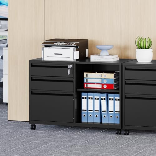 MIIIKO 3 Drawer File Cabinet with Lock, Metal Lateral Rolling Printer Stand Office Storage Filing Cabinets for Home Office,A4, Letter,File Folders(Black) - Image 6