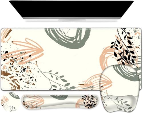 Large Mouse Pad with Wrist Support 4 in1 Set, XXL Big Game Mousepad + Keyboard Wrist Rest+Mouse Wrist Rest+Coaster Ergonomic Gaming Mat for Home Office Table Computer I Modern Boho Leaves by NXZGO
