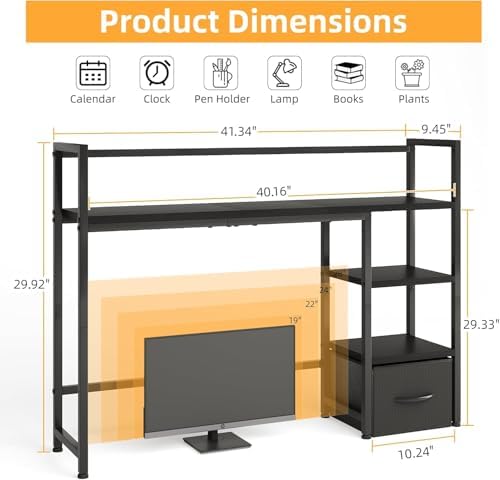 Desk Shelf with Drawer, 41.3" Desktop Organizer Shelf, Desk Hutch for Computer Monitor Max 32", 3 Tier Desktop Display Rack, Wooden Desk Top Bookshelf Storage Rack for Home Office Dorm, Black - Image 3