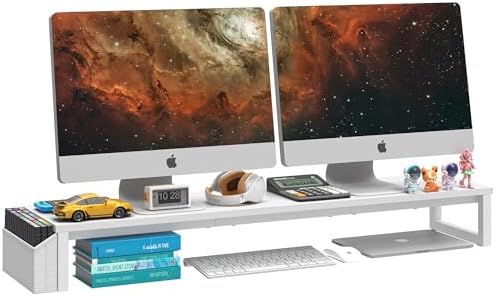 LAND·VOI Dual Monitor Stand Riser,41.5'' Long Monitor Stand for 2 Monitors, Wood and Steel Computer Monitor Stand, Desktop Oraganizer with Pen Holder, Monitor Riser for Desk Computer,Laptop,TV, White by LAND%C2%B7VOI
