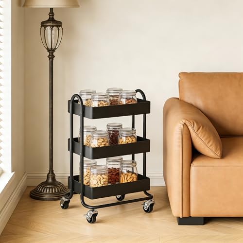 3 Tier Metal Rolling Cart, Utility Storage Cart Shelf Organizer with Wheels for Home & Office, Black - Image 6