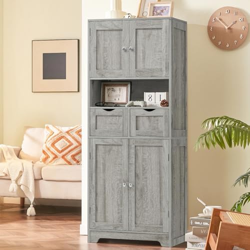 Iwell Tall Storage Cabinet with Adjustable Shelf, Bathroom Cabinet with 2 Drawers, Linen Cabinet for Living Room, Grey - Image 5