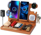 Desk Organizer with 4 Wireless Charging Station for Samsung Devices,27W Dual Wireless Charger Fast Charging for 2 Phones,Galaxy Watch 8/7/6/5/4/3/2,TWS box,Wood Phone Docking Station,Gifts for Men Dad by JuncaiTech