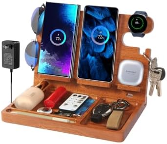 Desk Organizer with 4 Wireless Charging Station for Samsung Devices,27W Dual Wireless Charger Fast Charging for 2 Phones,Galaxy Watch 8/7/6/5/4/3/2,TWS box,Wood Phone Docking Station,Gifts for Men Dad by JuncaiTech