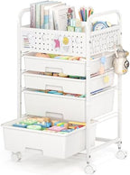 SYKIARIOL 4 Drawer Rolling Storage Cart with Pegboard Top and Hooks, White by SYKIARIOL
