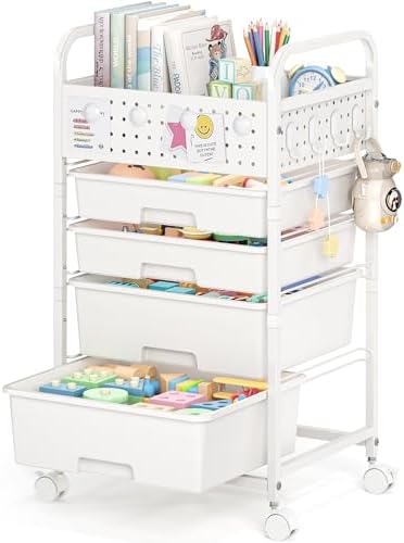 SYKIARIOL 4 Drawer Rolling Storage Cart with Pegboard Top and Hooks, White by SYKIARIOL