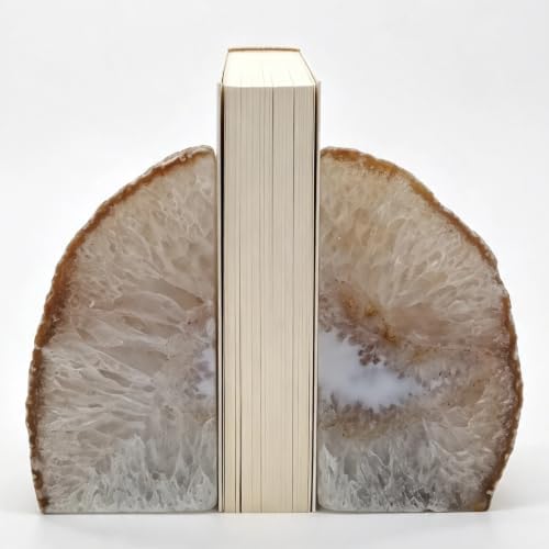 Natural Agate Geode Bookends Pair - 2-3 lbs Heavy Duty Small Crystal Bookends for Shelves | Non-Slip Decorative Book Ends for Heavy Books | Home Office Decor by XMHOME