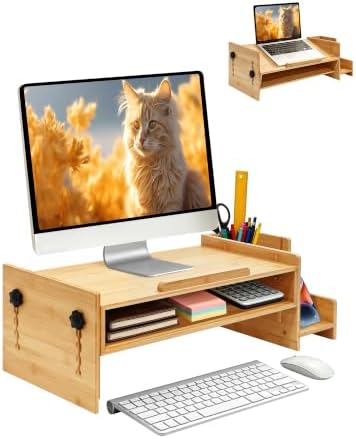 MyPlace Bamboo Monitor Stand Riser with Adjustable Height and Angle by MyPlace