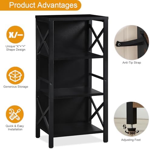 MNEETRUNG Small Bookshelf,4 Tier Industrial Bookcase with Metal Frame and Backboard,Narrow Black Book Shelf,Office Book case for Small Spaces,Living Room,Bedroom and Home Office - Image 6