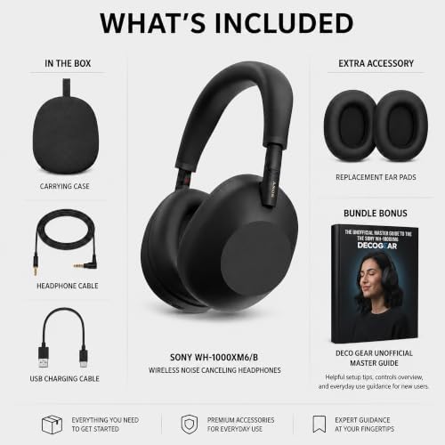 Sony WH1000XM6/B Best Wireless Noise Canceling Headphones, Black Bundle with Deco Essentials Headphones Ear Pads Replacement Headset Ear Cushions and Deco Gear Unofficial Master Guide - Image 2