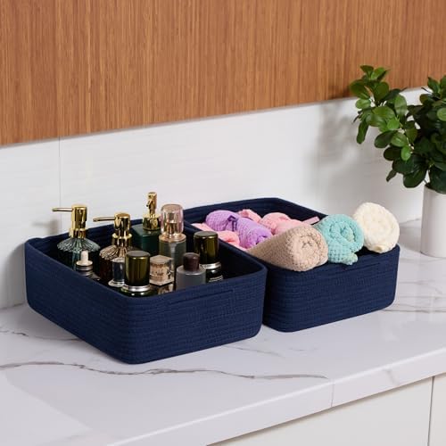 MiniArk Large Shallow Organizing Baskets 15x11x5.1 Inches - Rope Woven Storage Bins for Bathroom, Shelves, Cube Closet, Navy Blue 3 Packs - Image 6
