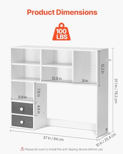 VEVOR Desktop Bookshelf, 3-Tier Desktop Storage Organizer, 37" x 10" x 31.1" Office Storage Rack Wood Display Shelf, Desktop Bookshelf Hutch with 2 Fabric Drawers, for Office, Home & Dorm, White - Image 3