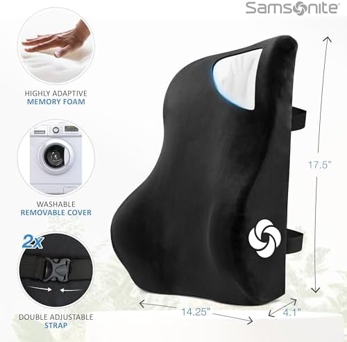 Samsonite Memory Foam Lumbar Support Pillow, Ergonomic Back Cushion for Office Chair, Gaming Chair, Automotive Full Back Support, Home Essentials for Sitting Comfort and Posture Relief, Black - Image 4