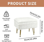 Small Foot Stool with Storage & Gold Metal Legs, Small Ottoman Foot Rest Under Desk for Couch, Chair, White Furry with High-Density Resilient Sponge - Image 2