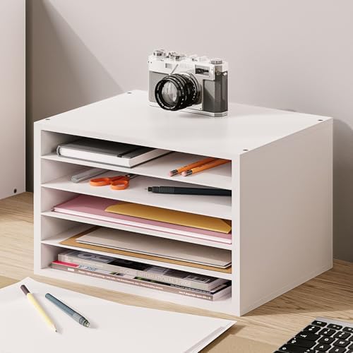 Ballucci 5 Tier Paper Organizer Letter Tray, Wood Desk File Organizer with Adjustable Shelves, Home Office School Letter/A4 Mail Sorter Magazine Holder - White - Image 2