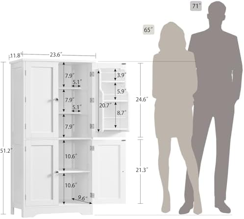 TEENFON Storage Cabinet, Pantry Cabinet with 4 Doors and 3 Storage Shelves, Kitchen Cabinet, Bathroom Storage Cabinet for Living Room, Small Space, Dining Room, 51”H White - Image 3