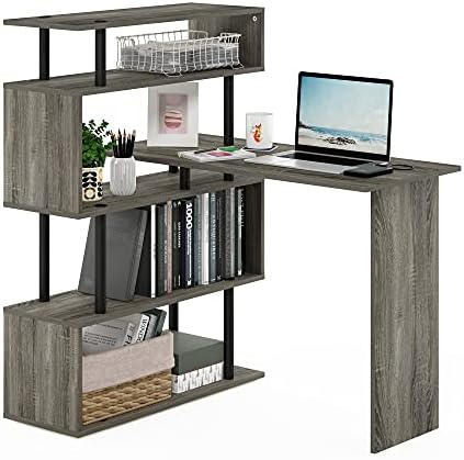 Furinno Classic Desk, 40" Wide L-Shape Gaming Desk, Computer Desk, Writing Desk with 5-Tier S-Shaped Side Shelves for Home Office, Study Room, Dorm, Bedroom, French Oak by Furinno-FitsYourSpaceFitsYourBudget