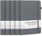 feela 5 Pack Journal Notebook Bulk for School, Hardcover Business Notebooks Classic Ruled Lined Journals with Pen Holder for Work Note Taking, with 5 Black Pens, 120 GSM, 5.1”x8.3”, A5, Gray by feela