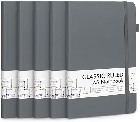 feela 5 Pack Journal Notebook Bulk for School, Hardcover Business Notebooks Classic Ruled Lined Journals with Pen Holder for Work Note Taking, with 5 Black Pens, 120 GSM, 5.1”x8.3”, A5, Gray by feela