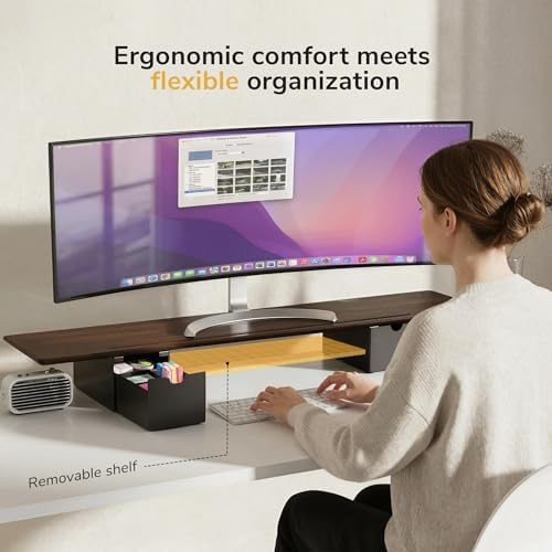 Mount-It! Extra Wide 39" Dual Monitor Stand Riser with 2 Drawers, Holds 66 lbs, Real Wood Platform, Built-In Device Slot, Removable Shelf, Home Office Desk Organizer - Image 2