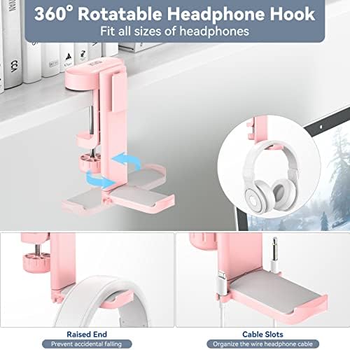 KDD Rotatable Headphone Hanger - 3 in 1 Under Desk Clamp Controller Stand Replaceable Cup Holder - Compatible with Universal Headset, Controller, Cup(Pink) - Image 3