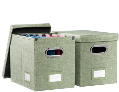 PRANDOM File Organizer Box - Set of 2 Collapsible Decorative Linen Filing Storage Hanging File Folders with Lids Office Cabinet Letter Size Green (14x9.3x10.8 inch) by Prandom