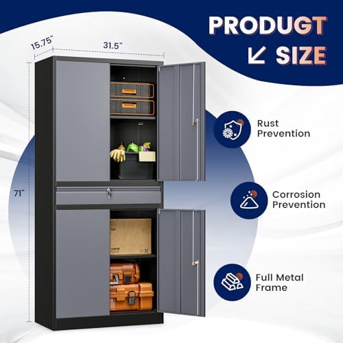 Yizosh Metal Garage Storage Cabinet with Locking Doors and Adjustable Shelves, 71" Steel Tool Storage Cabinet with 1 Drawer for Garage,Office,Warehouse (Gray Black) - Image 3