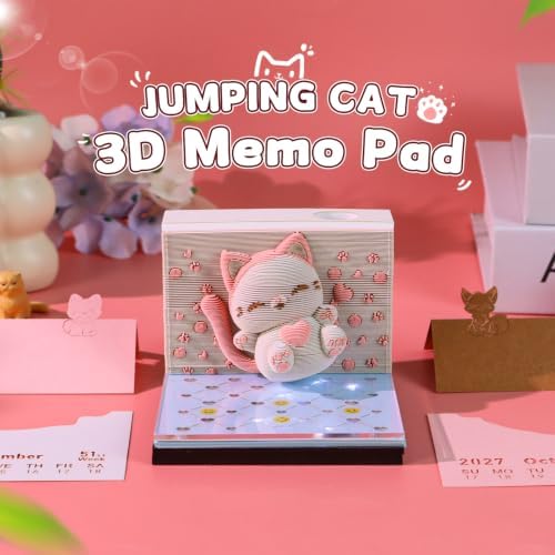 3D Calendar 2027, Tear-Away Desk Calendar, Paper Art Memo Pad, LED Light (Bouncing Cat) - Image 3