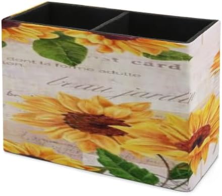 PU Leather Multi-Compartment Pen Holder Desktop Organizer Pencil Cup Storage Caddy for Office Home Supplies Hand Drawn Vibrant Yellow Watercolor Sunflowers Flowers Old Letters - Image 7