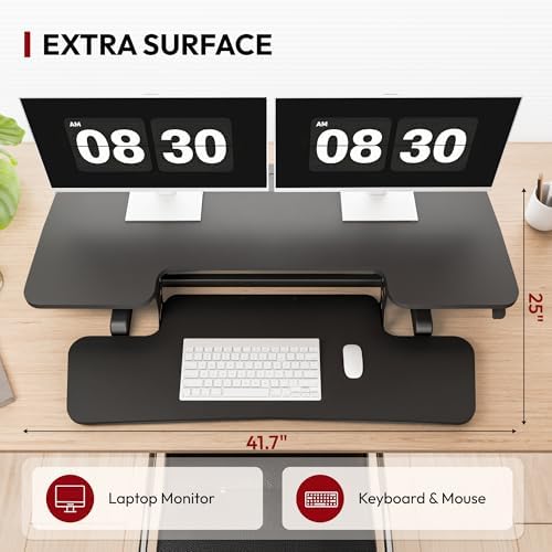 SANODESK 42" Extra Large Standing Desk Converter, Height Adjustable Sit Stand Riser with Wide Keyboard Tray, Dual Monitor Workstation for Home Office, Ergonomic Desktop Riser, Black - Image 7