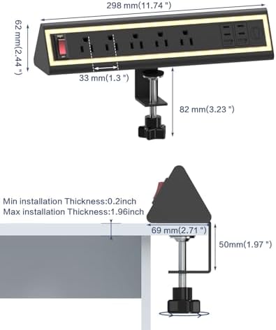 Desk Clamp Power Strip with Nightlight, 40W Fast Charging, 10FT Extension Cord, 4x20W USB-C & 2 USB Ports, 5 AC Outlets, Fits 1.69-Inch Table Edges - Image 7